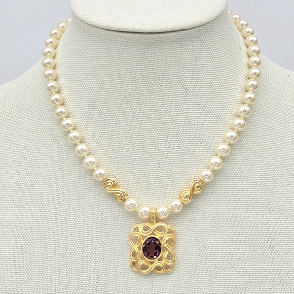 Swarovski Faux Pearl Necklace 17” Long Gold Tone Amethyst Crystal Pendant